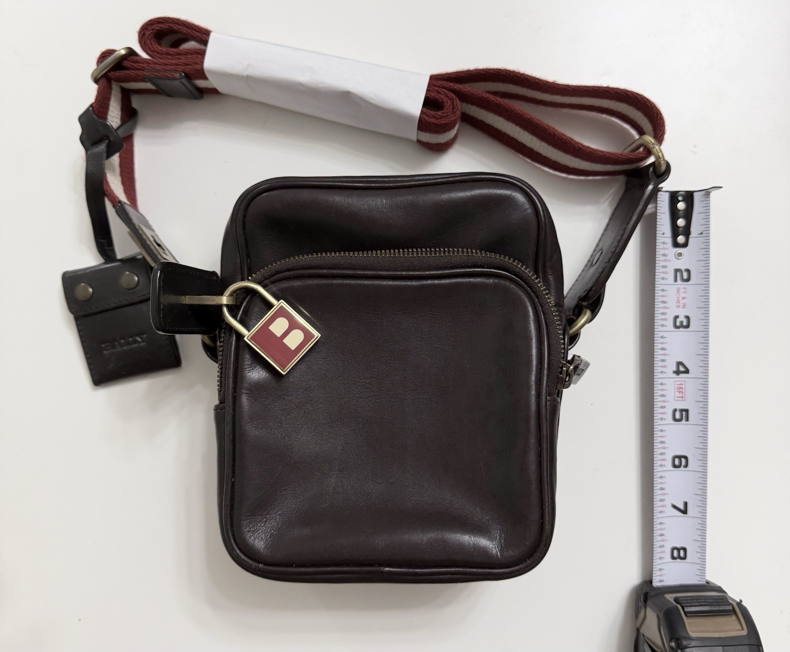 BALLY Brown Crossbody Bag Striped Adjustable Strap w/BALLY Lock and keys Clean!