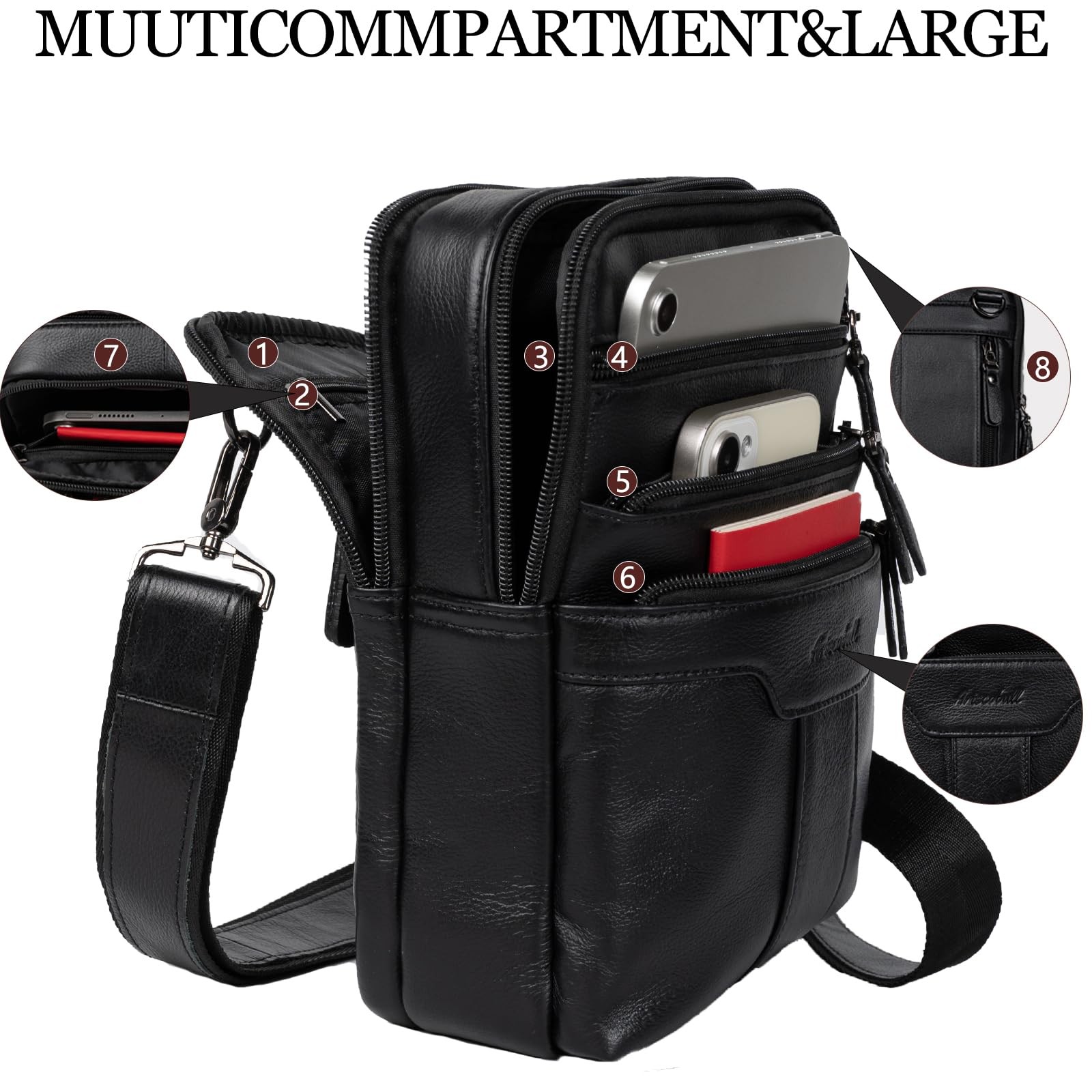 Ariscobull Leather Messenger Bag for Men, Small SIZE FOR IPAD MINI, Black