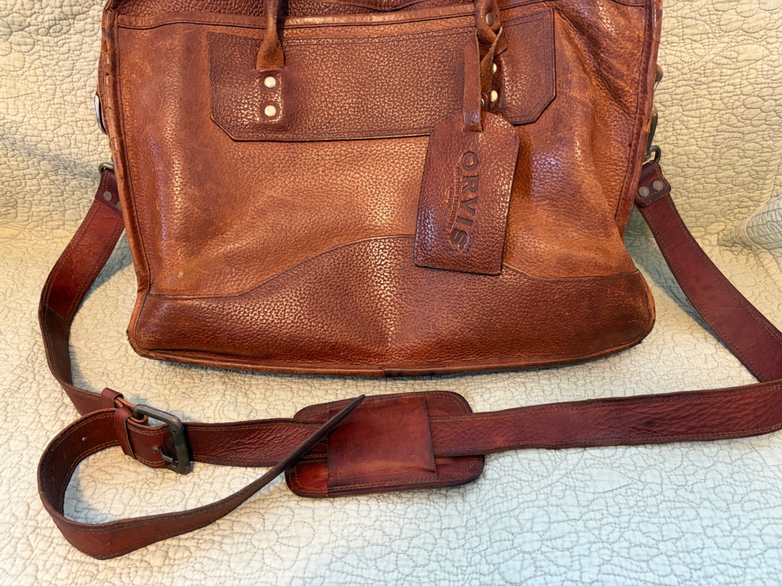Orvis Bullhide Leather Briefcase Bag Messenger Bag Shoulder Strap Brown Distress