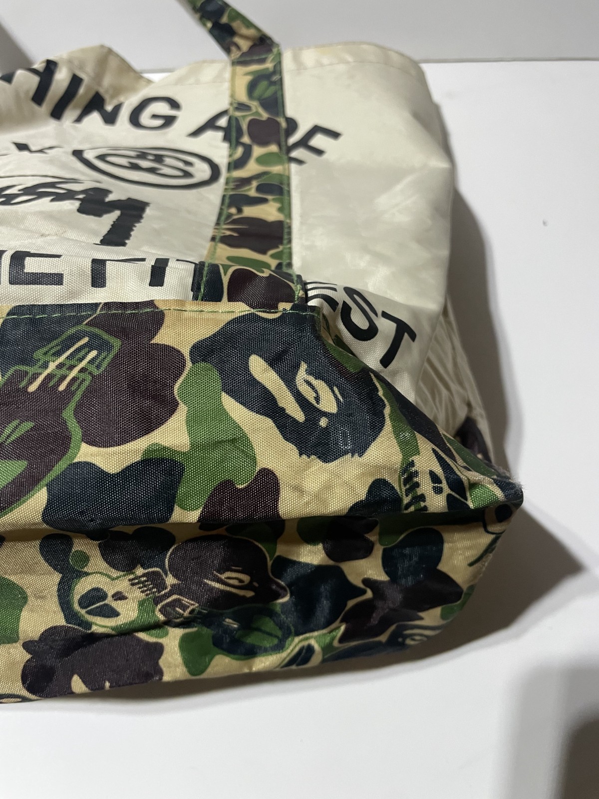 A BATHING APE BAPE × Stussy Nylon Tote Bag Pouch Beige camouflage Band Rare FS