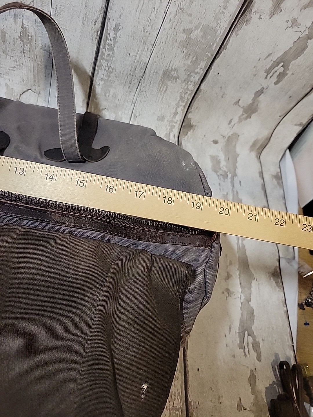 S-ZONE Distressed Gray Canvas Duffle Bag Brown Leather Trim Travel Bag NO STRAP