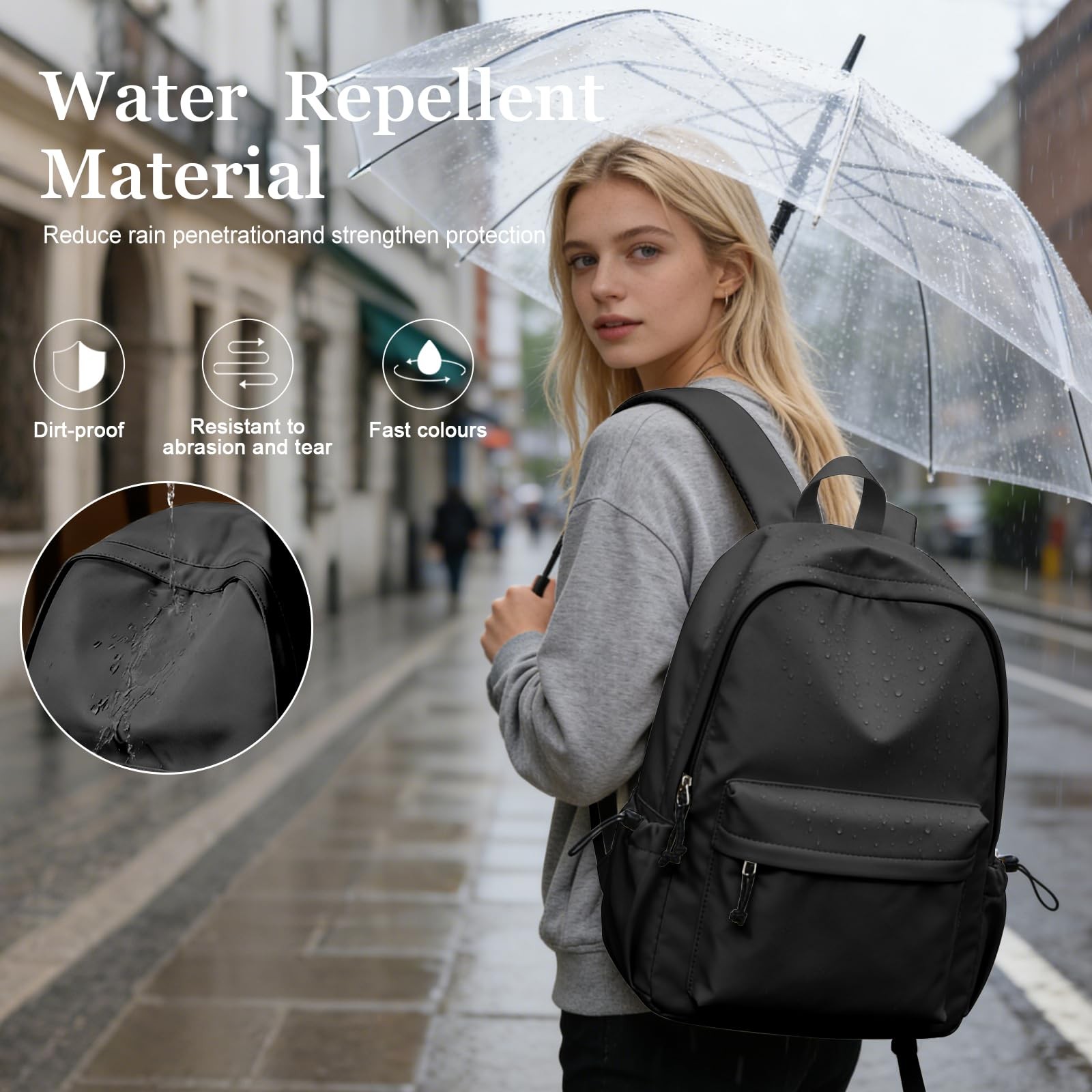 Black Waterproof Middle School Backpack College Bookbag Men Women Teens Girls