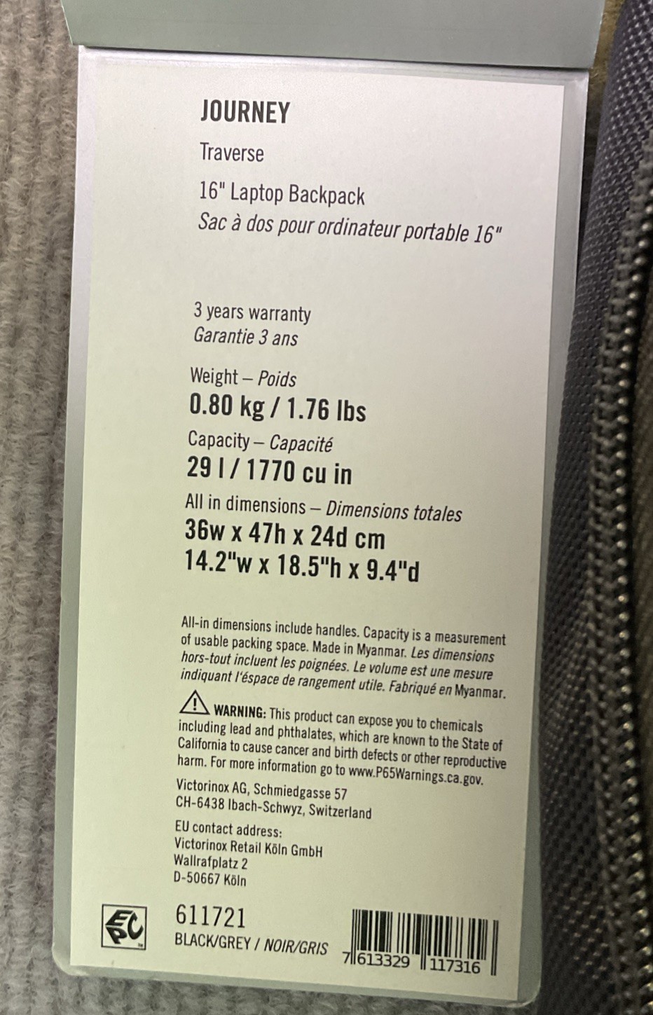 Victorinox Journey Venture 16″ Laptop Backpack Black/Grey BRANDED