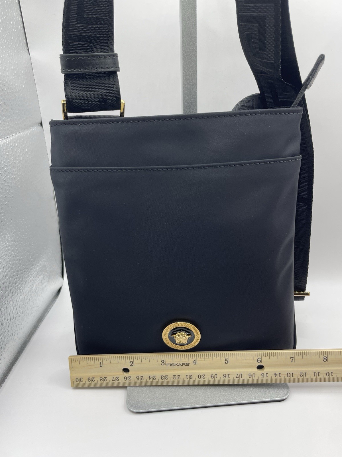 VERSACE Flat Crossbody Bag Fabric Calf Leather Black $800 Retail