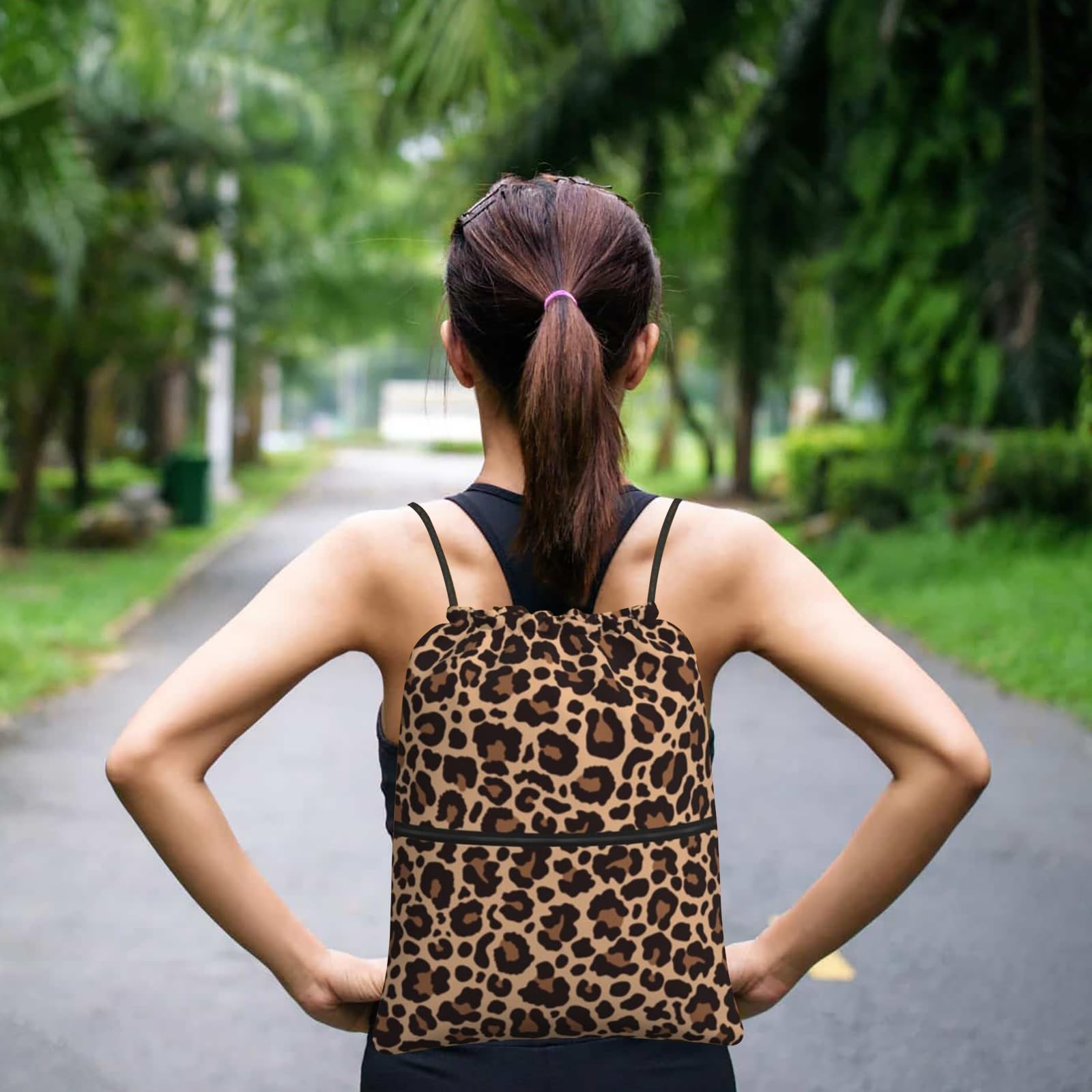 Leopard Print Drawstring Backpack Gym Sackpack Waterproof Beach String Bag