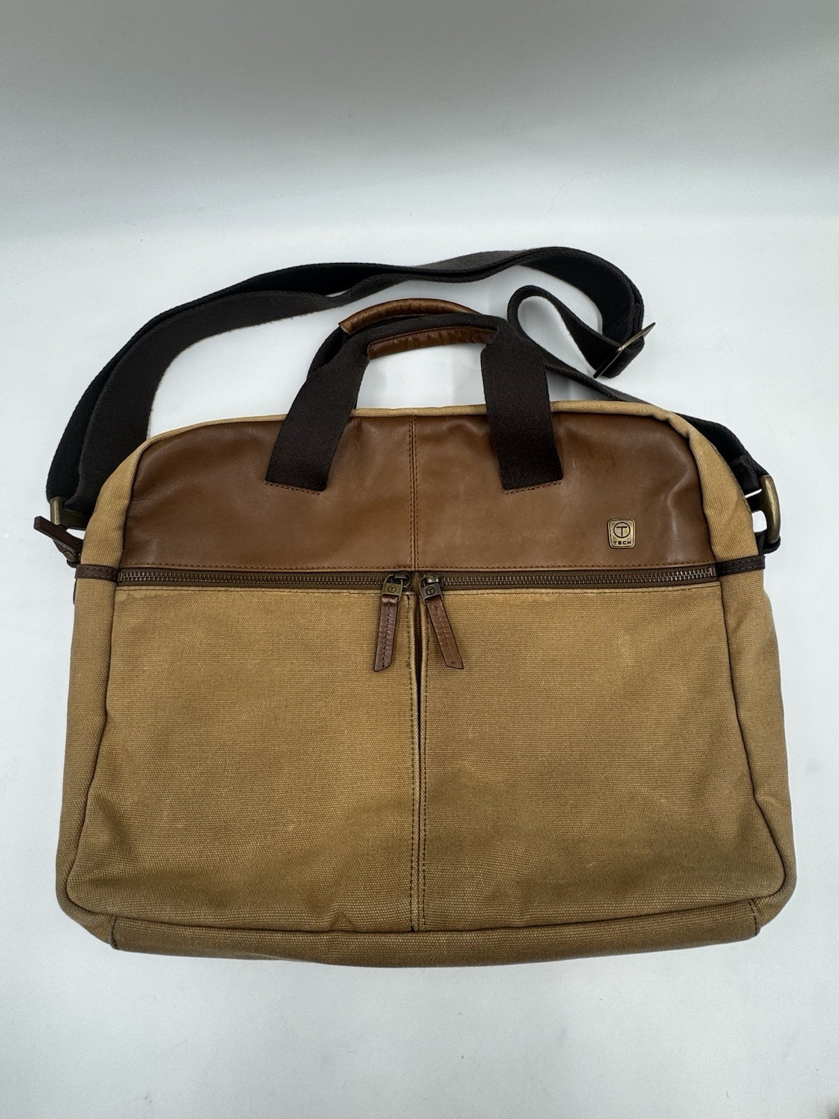 T Tech By Tumi Brown Canvas Leather Adjustable Mens Flap Crossbody Messenger Bag