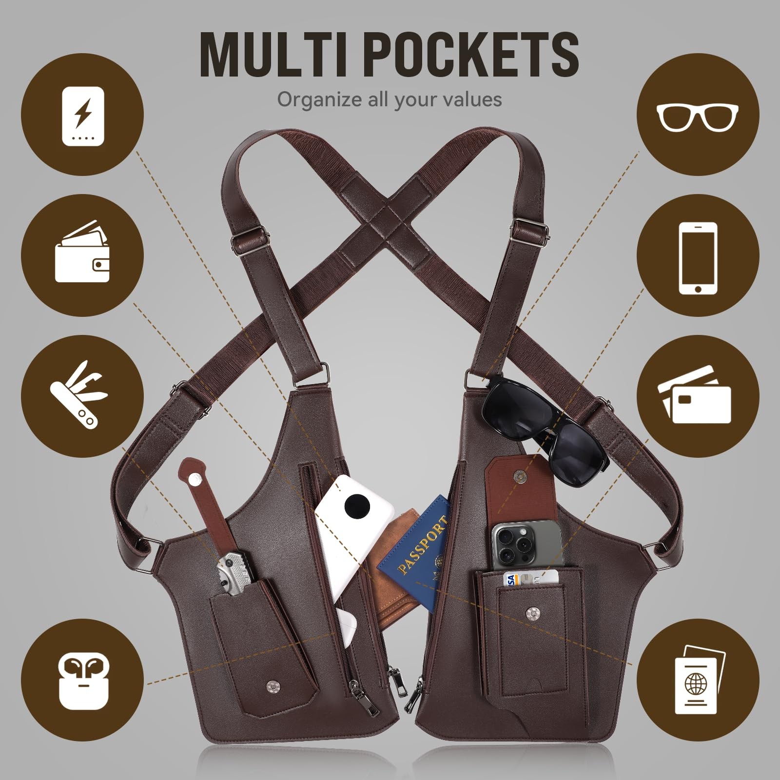 Large Double Shoulder Armpit Bag for Men 2026 Upgraded Large, Brown