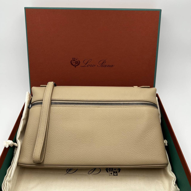 Loro Piana Extra Pouch L29 Grained Calfskin Warm Mastic Onyx Clutch Wristlet Bag