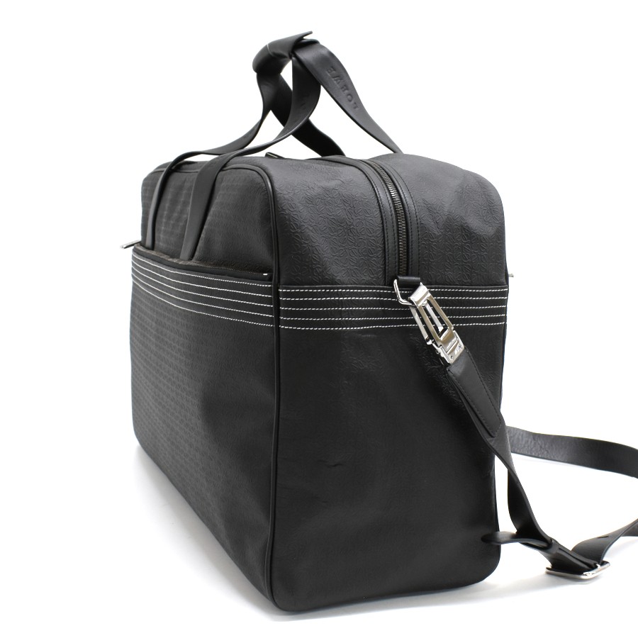 LOEWE Repeat Anagram Duffle Bag Traveling bag Black Leather Purse T10L