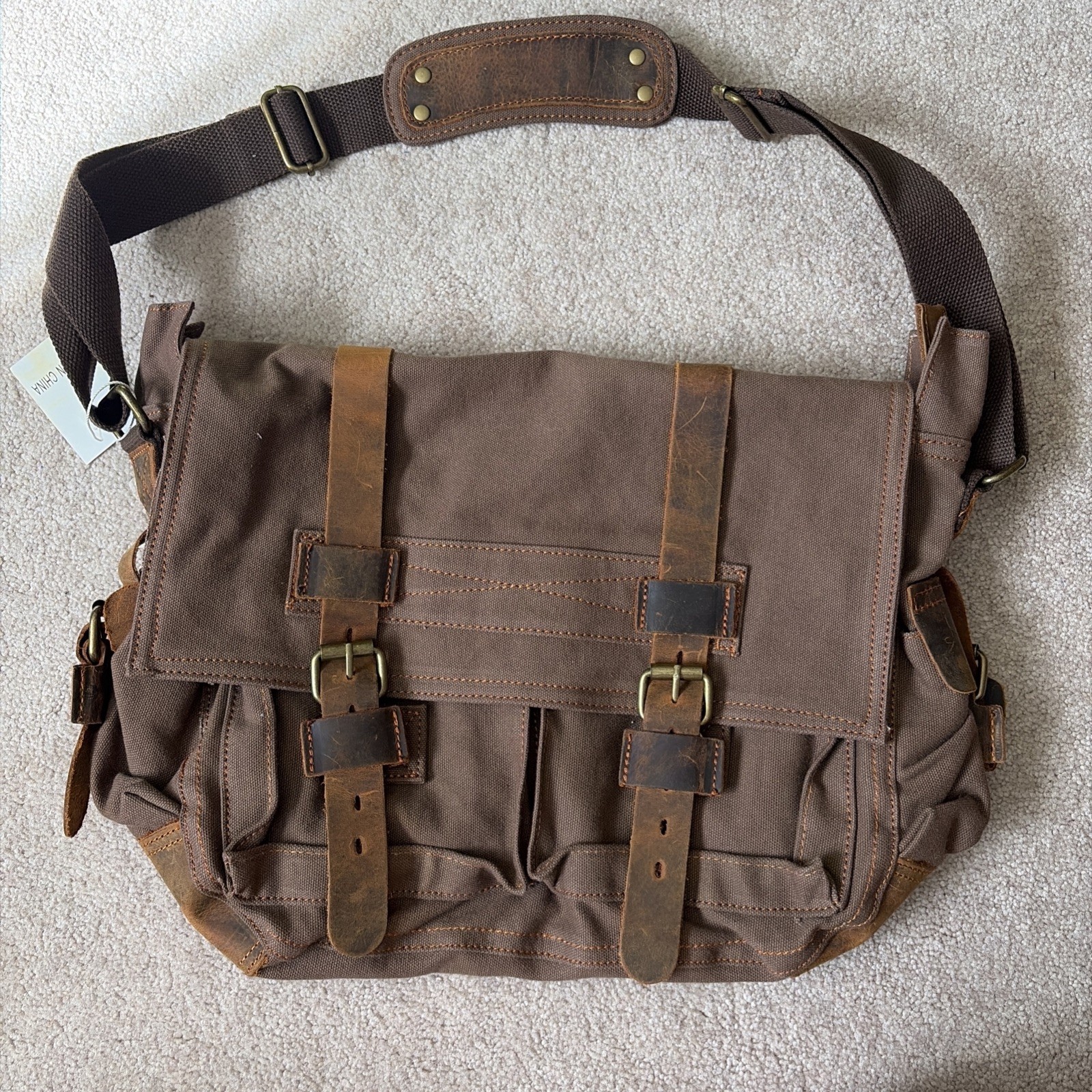 Vintage Military brown Leather Canvas Laptop Messenger Bag Large pockets NEW