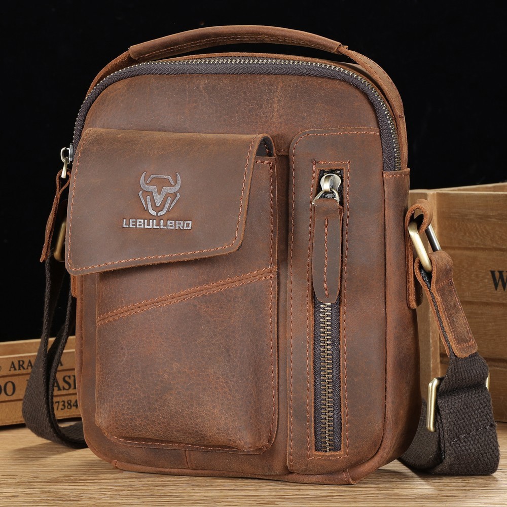 LEBULLBRO Mens Crazy Horse Leather Crossbody Bag Messenger Shoulder Handbag Gift