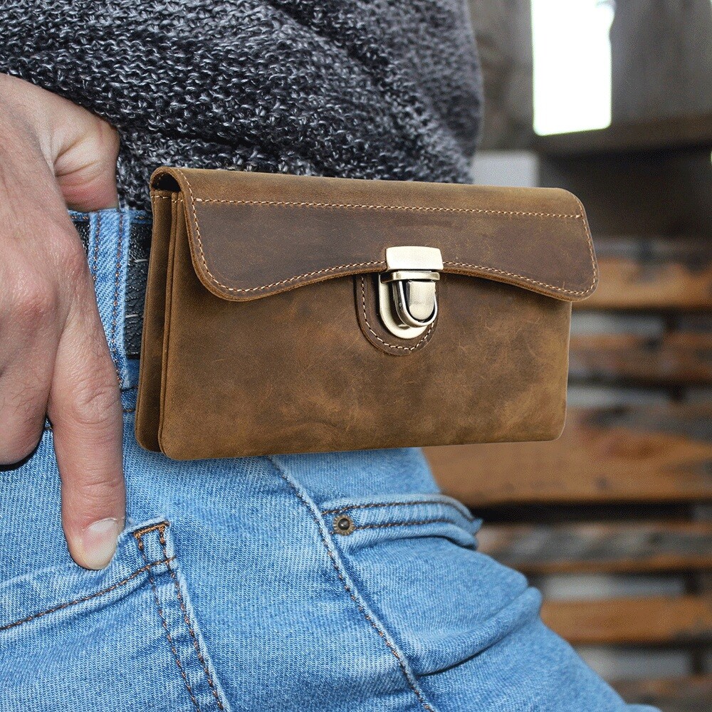 Genuine Leather Cell Phone Belt Clip Holster RFID Waist Bag Wallet Carrying Case