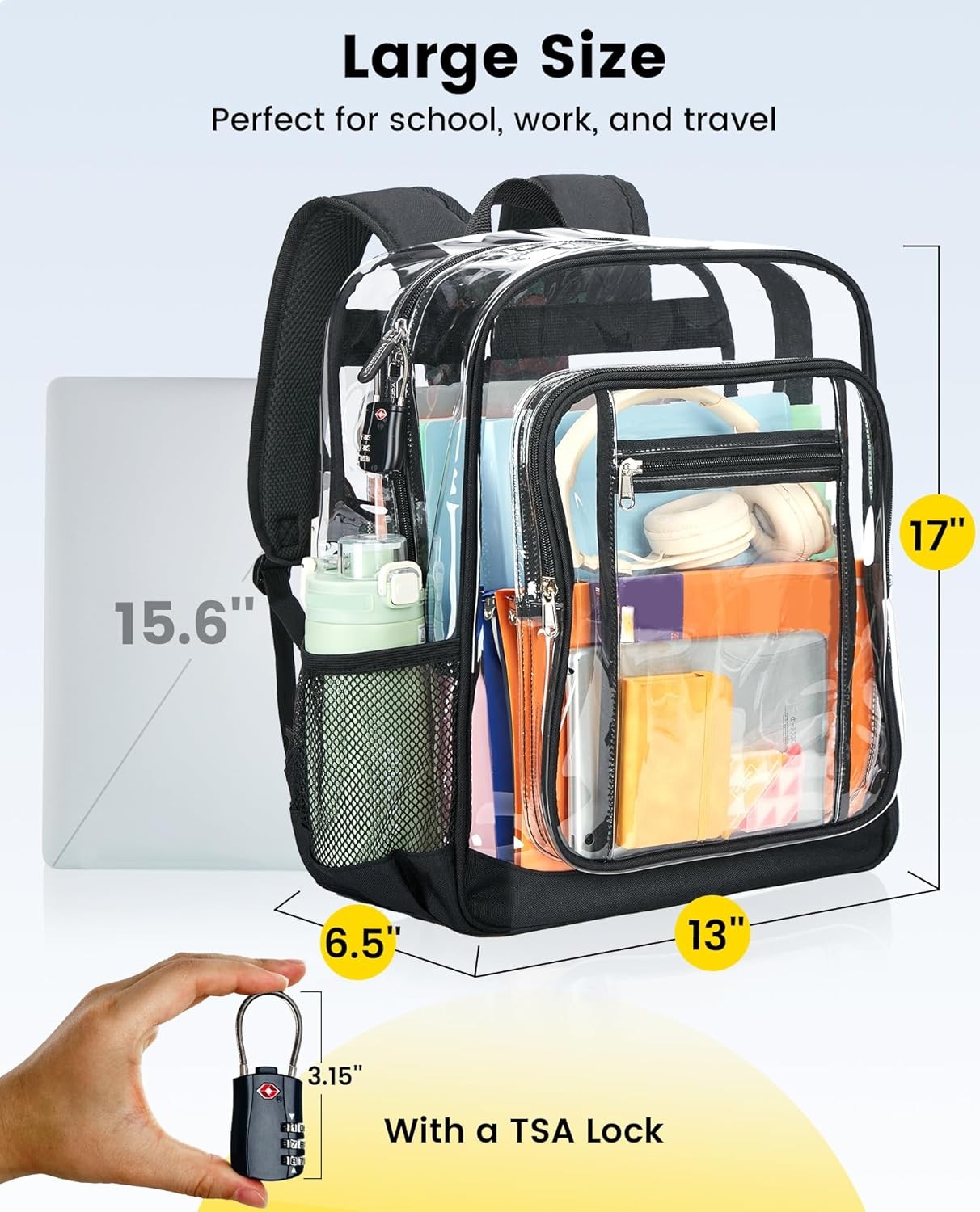Clear Backpack Heavy Duty – Extra Large Clear Backpacks with TSA Lock Transpa…