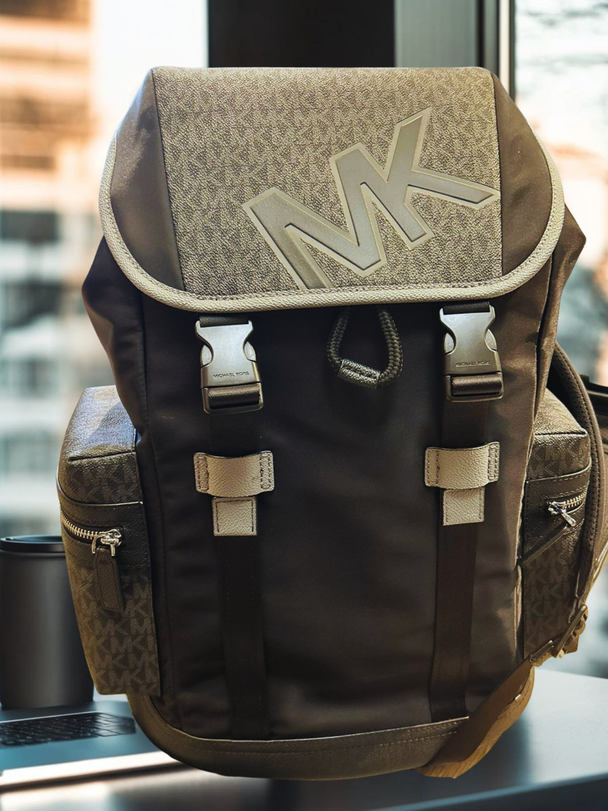 Michael Kors Cooper Men Signature Logo & Nylon Large Pocket Travel Backpack Bag