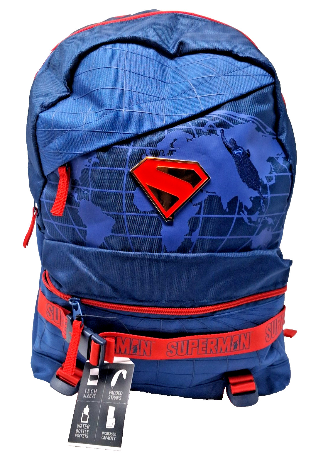 Bioworld DC Comics Superman Globe 18″ Backpack w/Tech Sleeve New With Tags