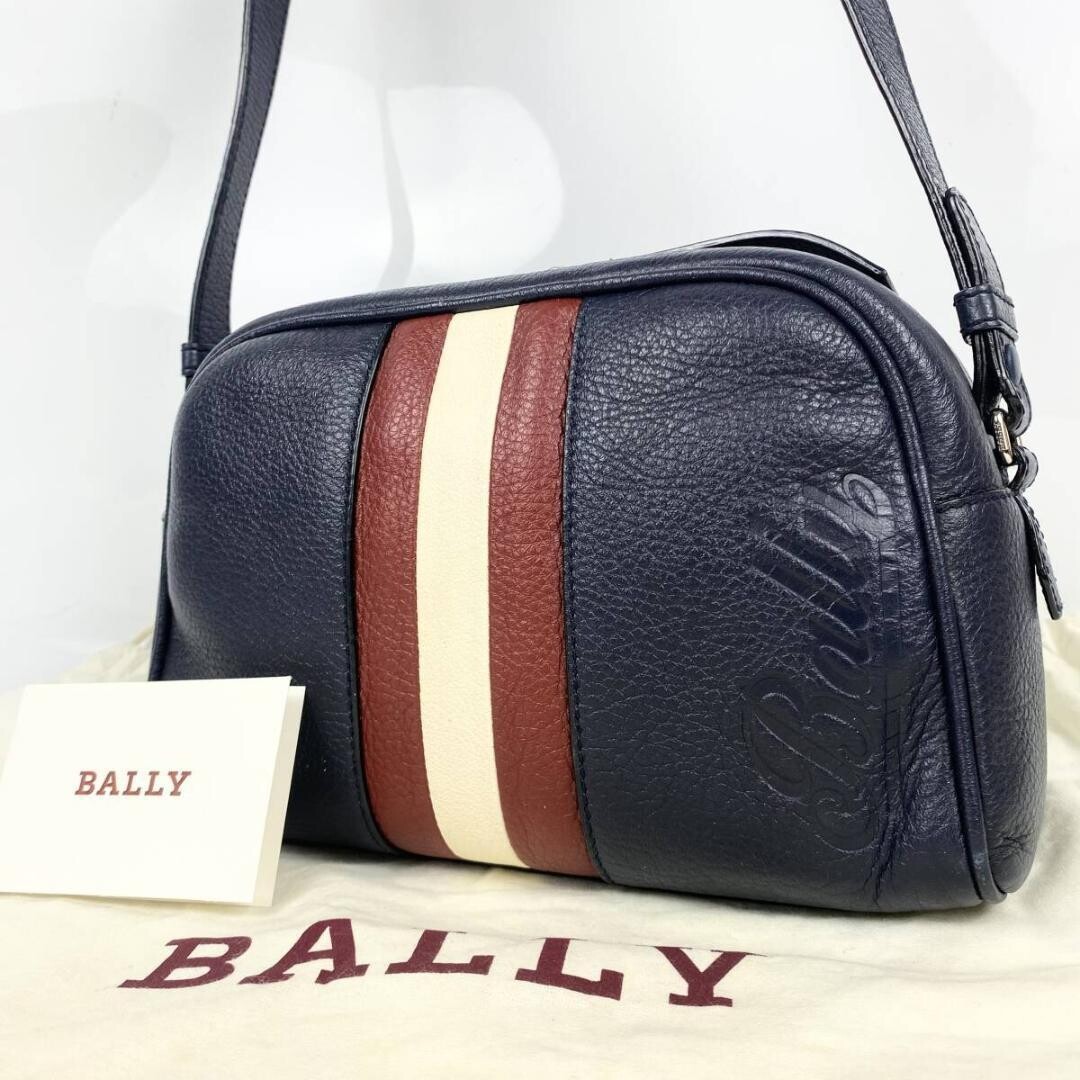 Bally Trainspotting Navy Leather Shoulder Bag Mens Striped Logo 26.5cm