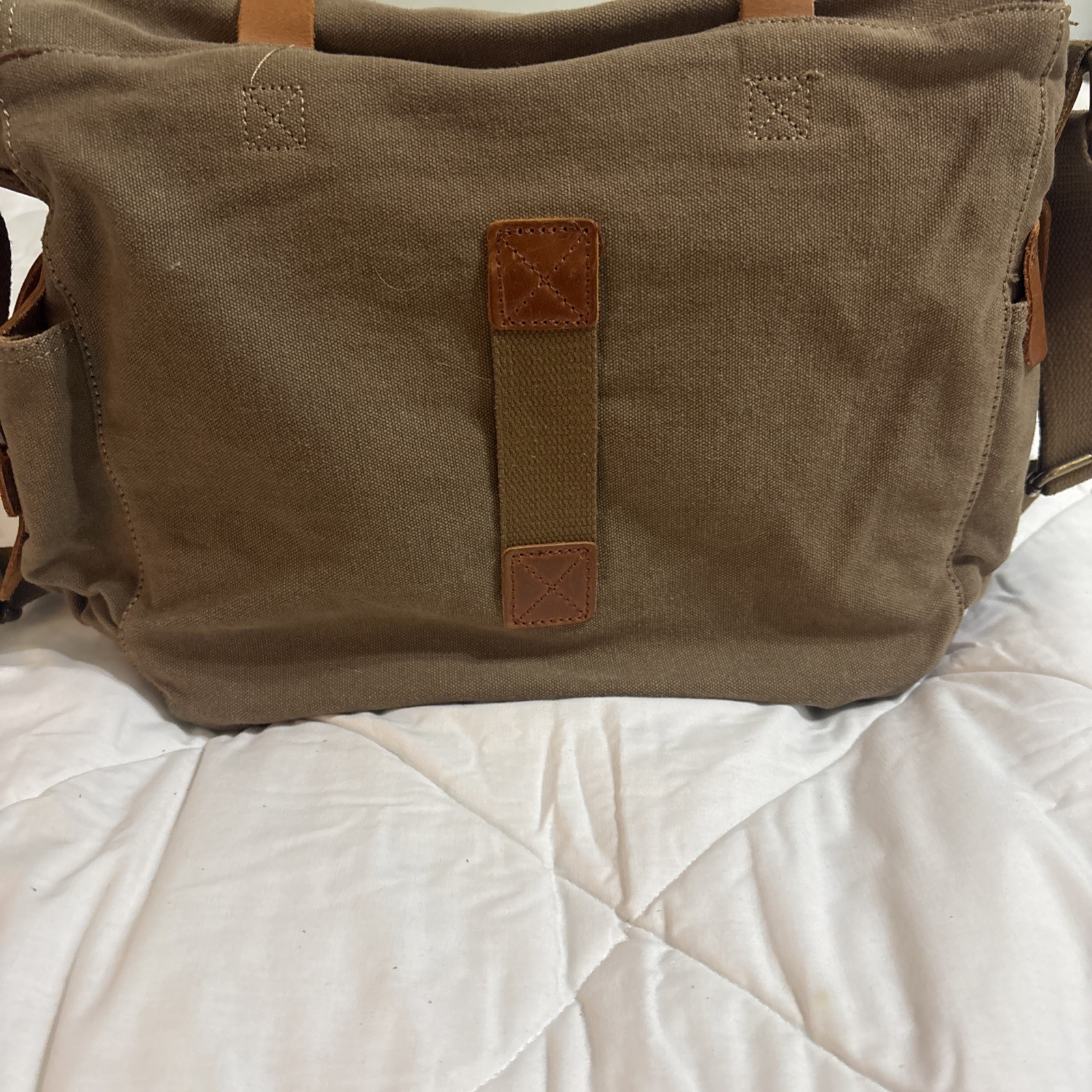 Kattee Canvas Messenger Bag Brown Leather Straps Snap Buckle Zip Adjustable Flap