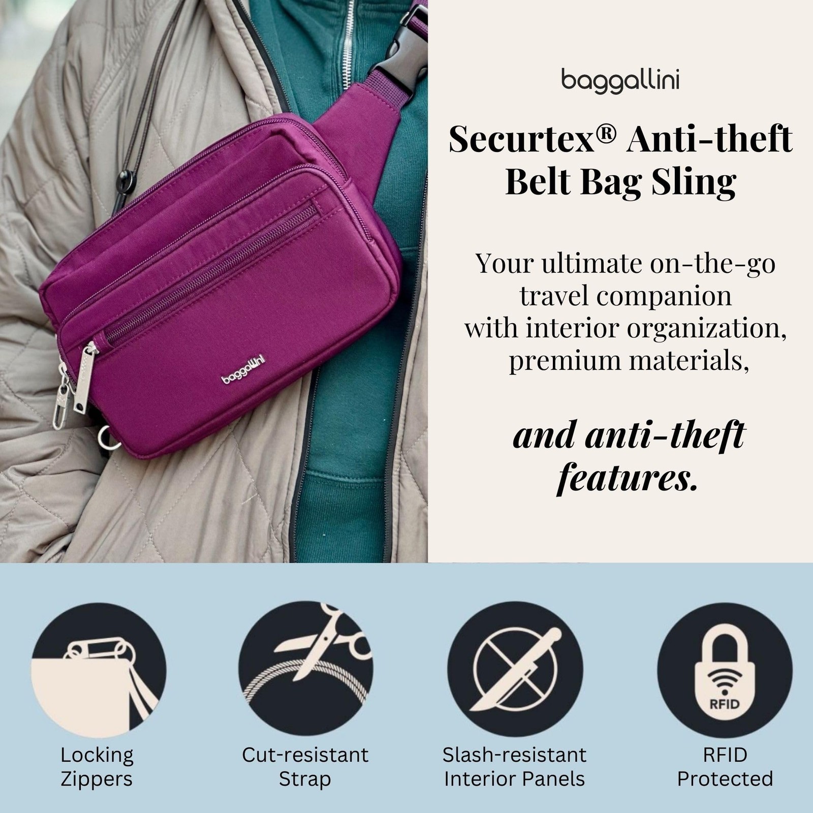 Baggallini Securtex Anti-theft Belt Bag 8.8″x5.5″ One Size, Mulberry