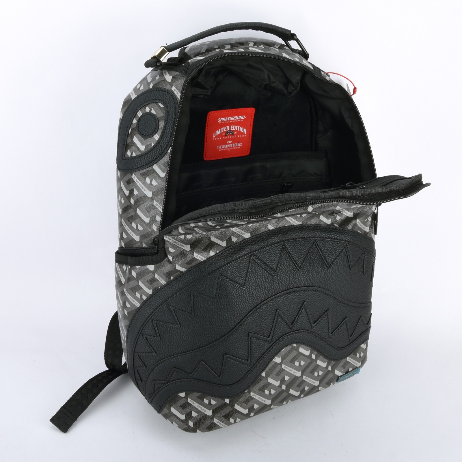 Sprayground 3DSG Thunderclap Shark Leather Bag Backpack Unisex Black Gray Plaid