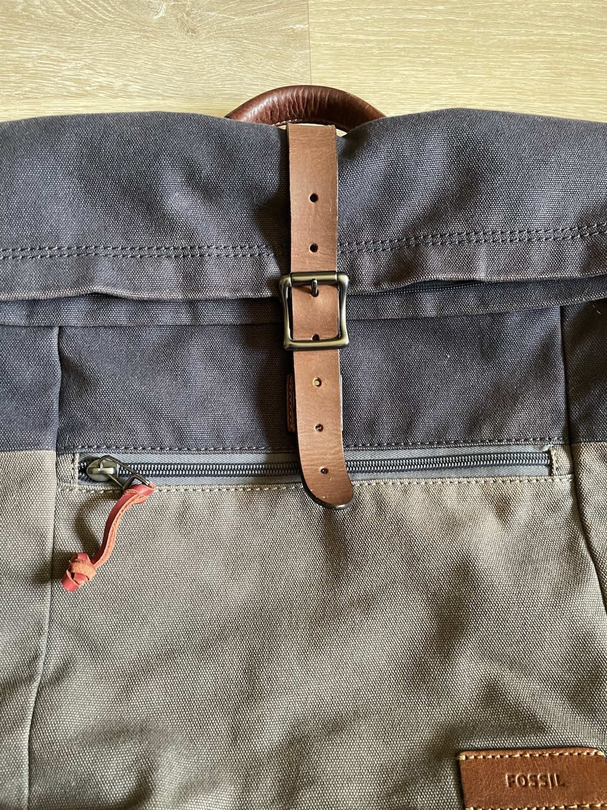 FOSSIL Defender Rolltop Backpack Navy Gray Leather Rucksack Gorpcore
