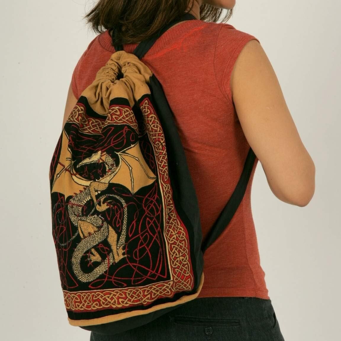Handmade 100% Cotton Celtic Dragon Bag Backpackl flat Bottom 15×18 inches