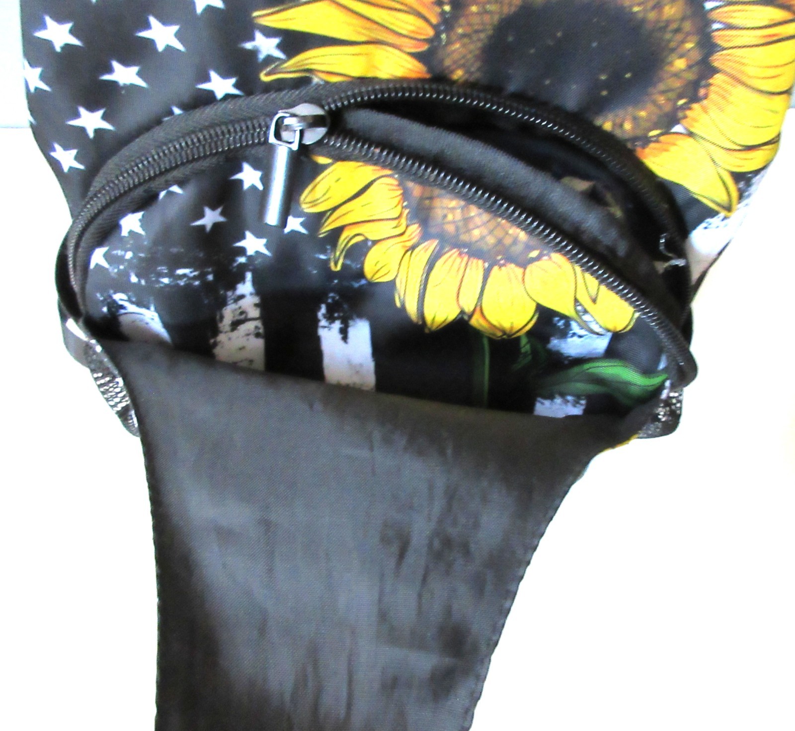 Sling Bag Crossbody Shoulder Backpack Adjustable Lightweight Am. Flag Sun Flower