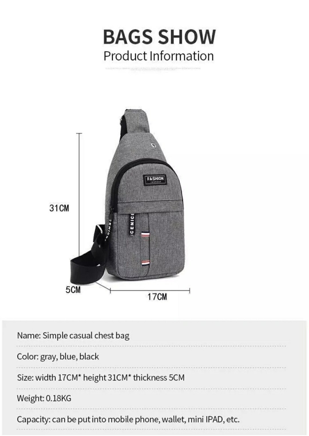 Men’s Crossbody Chest Bag Oxford Cloth Fashionable Multi-Pu Blue Black Grey