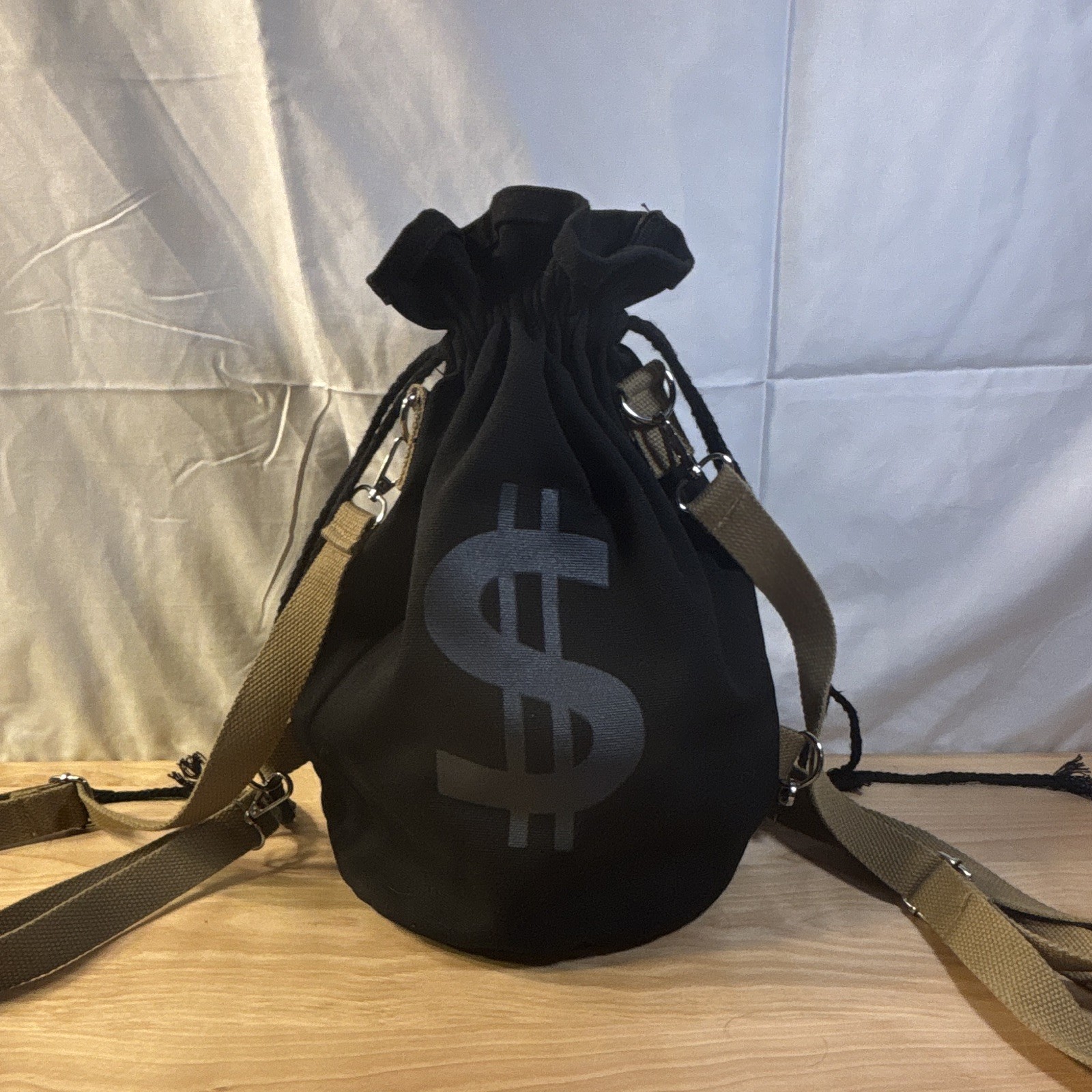Men’s Black Drawstring Quality Canvas Bag Small Adjustable Strap Dollar Sign