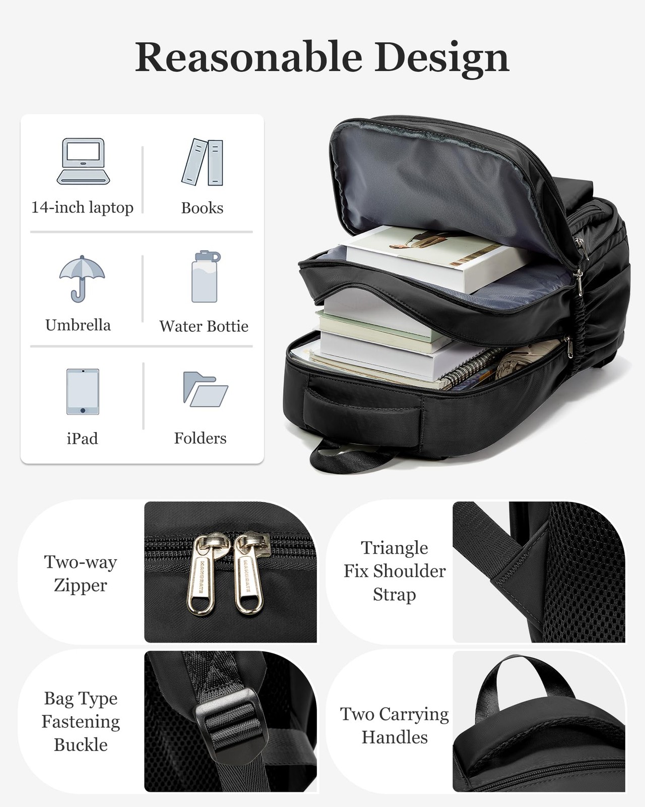Cute High School Backpack Large Capacity Middle School Bag Waterproof Black