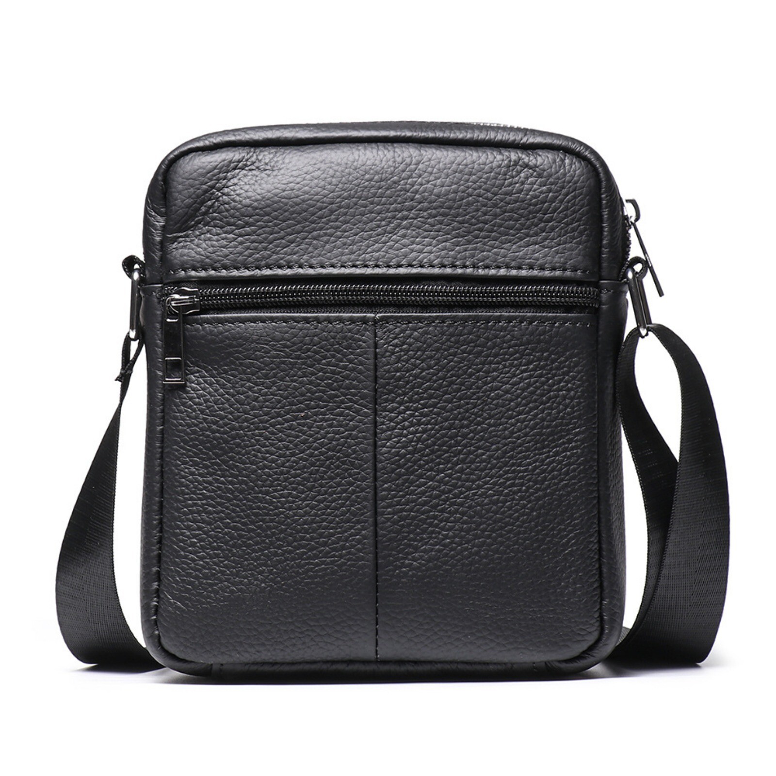 Men’s Leather Shoulder Bag Small Crossbody Multi-Pocket Travel Bag Black