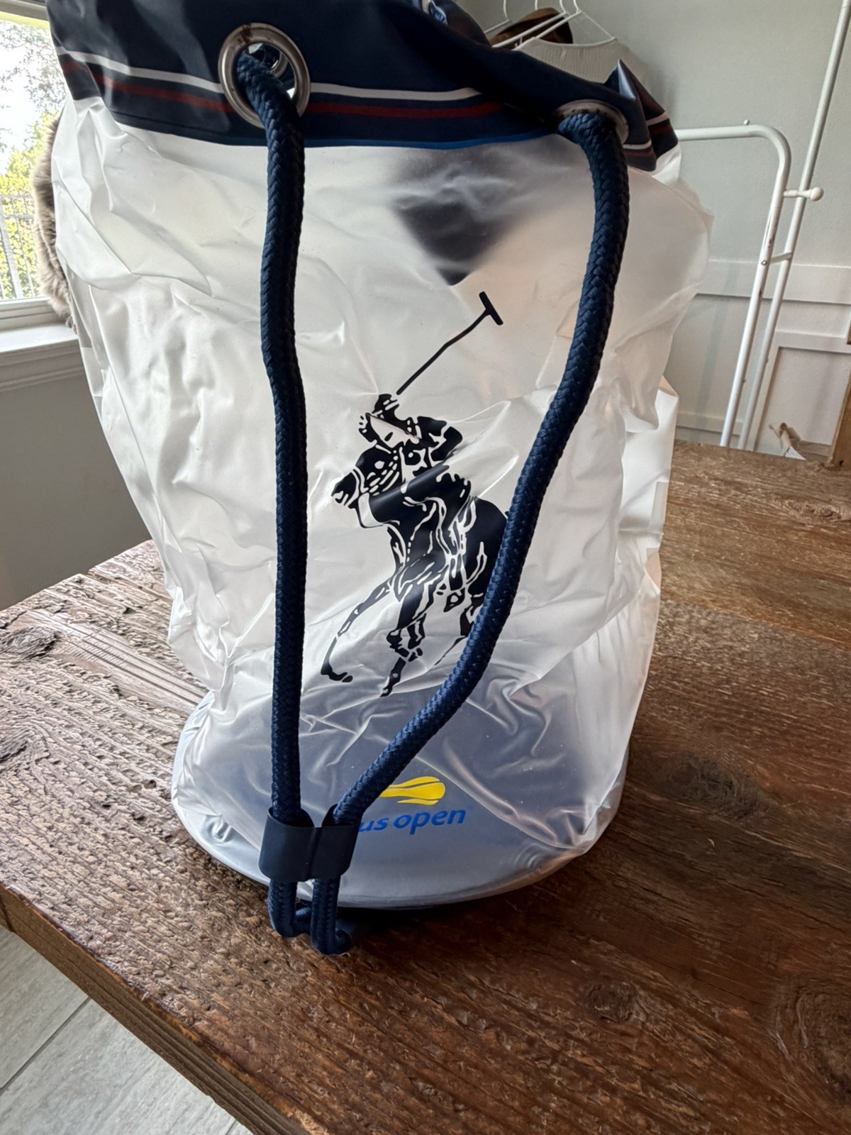 US Open Polo Ralph Lauren Drawstring Backpack White Blue Logo Rope Strap Tote