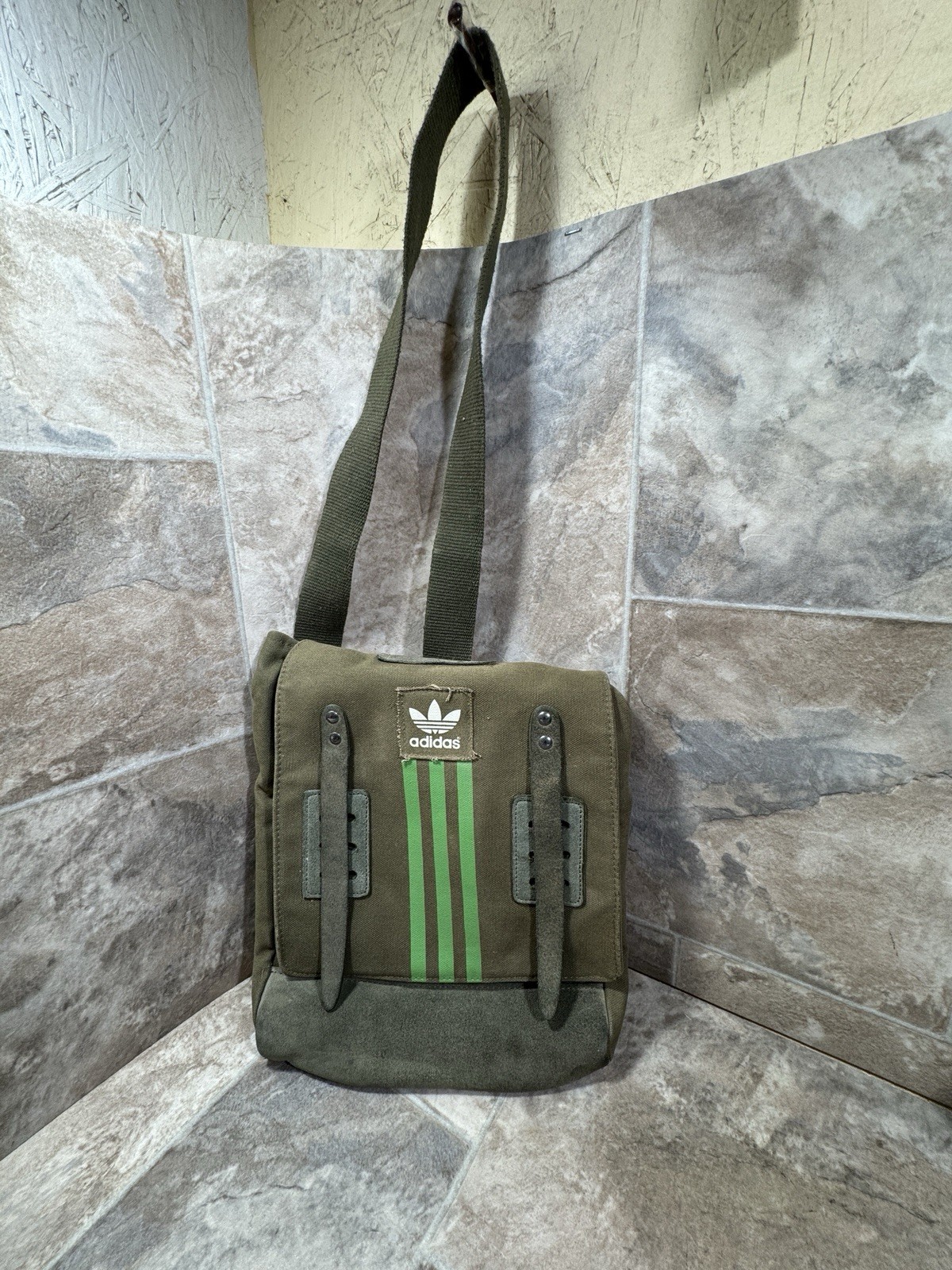 Older Adidas Green Striped Canvas Military Color Messenger Bag, School, Casual