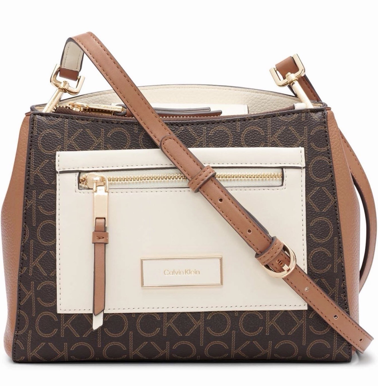 Calvin Klein Hadley Triple Compartment Crossbody, Brown/Khaki/Caramel/White, …