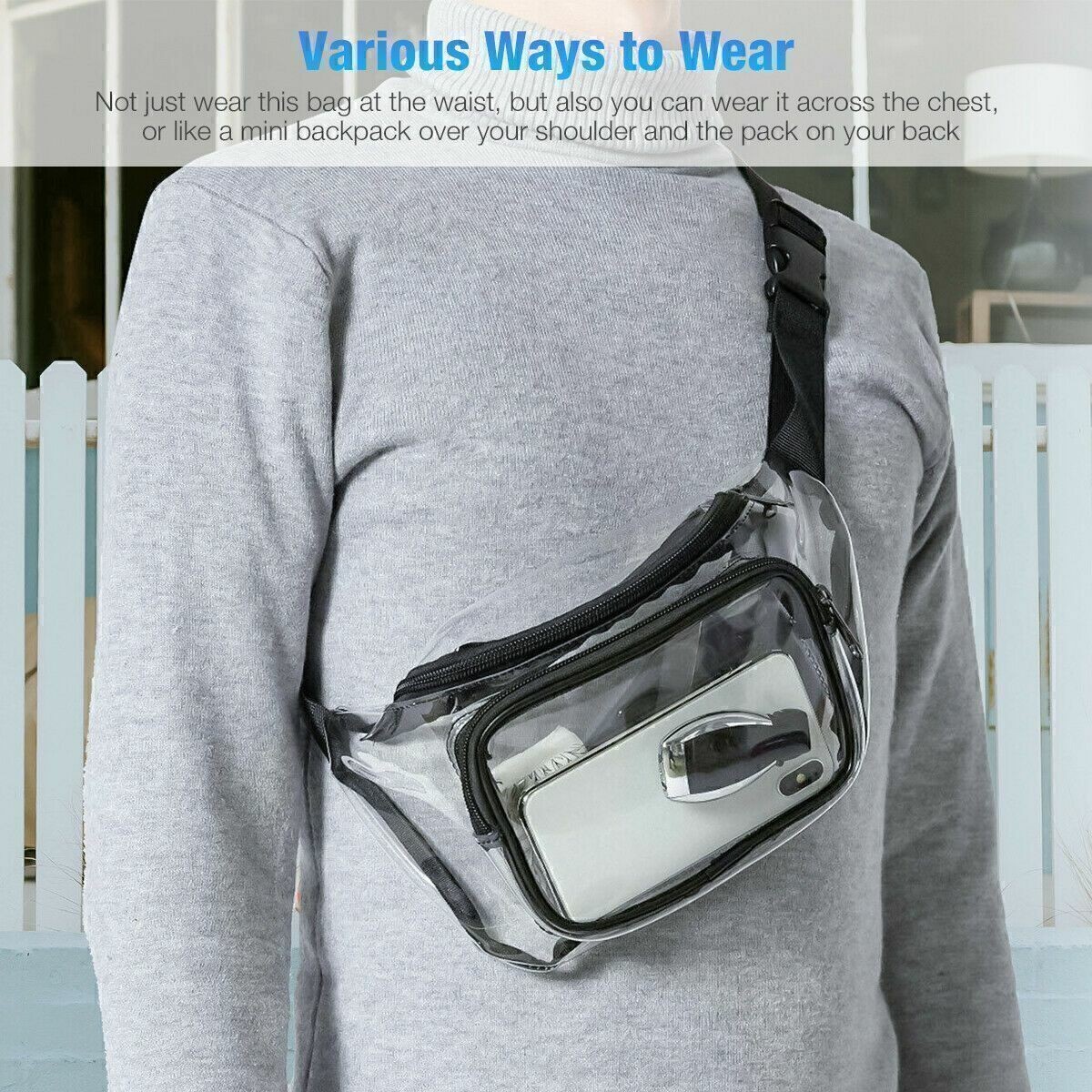 Clear PVC Tote Pack Shoulder Chest Bag Crossbody Handbag Waist Zip Purse Stadium