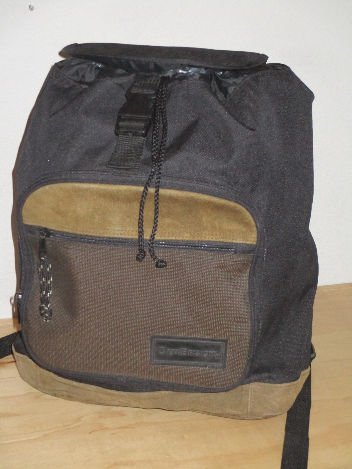 OutBrook TM Black Brown Faux Leather Strips Backpack Adjustable Straps Good Used