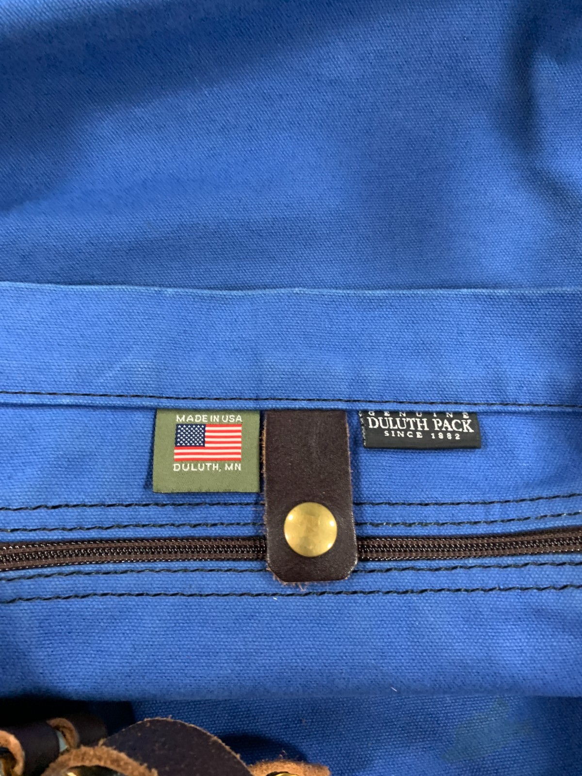 VTG Duluth Pack Tote Bag Navy Blue Canvas Brown Leather Brass Made in USA GREAT