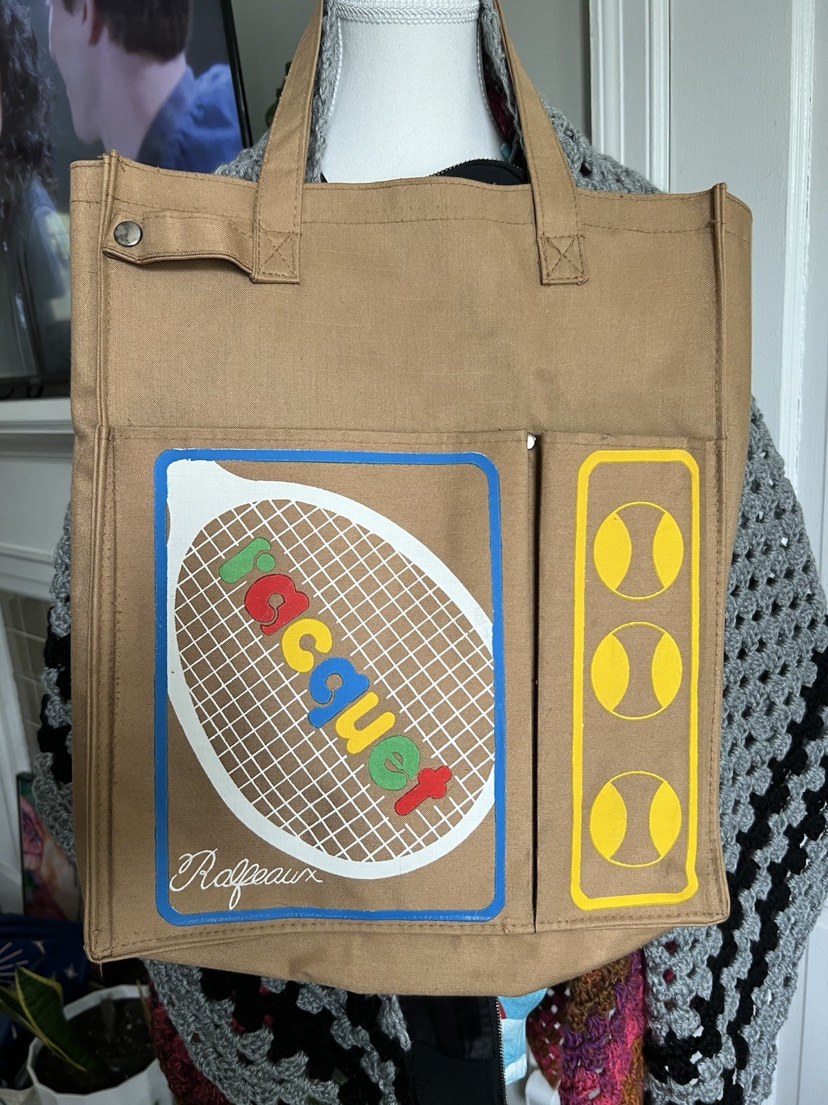 Vintage 60s 70s Racquet Ball Print Canvas Tote Bag Sport Mr Ralph Ralfeaux