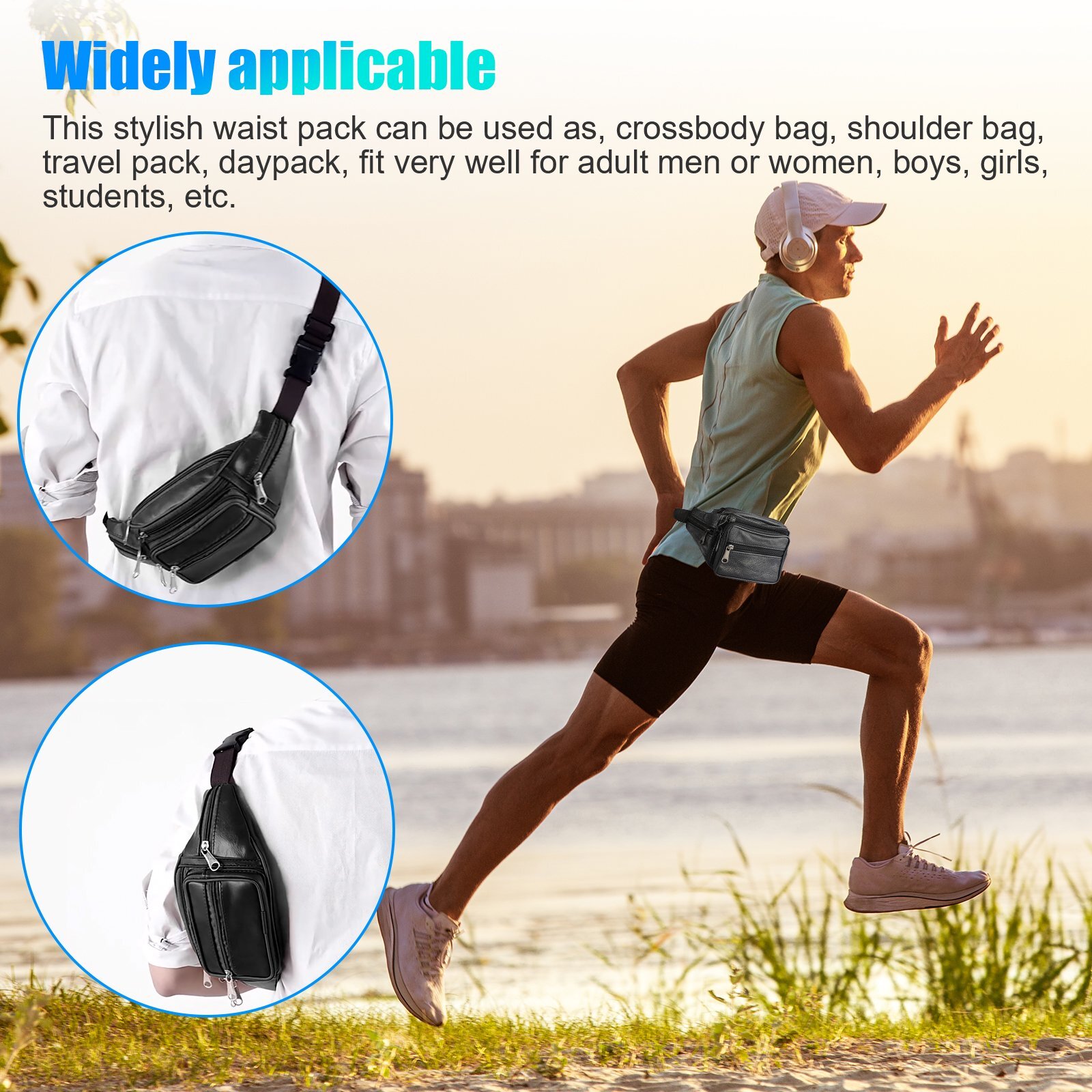 Genuine Leather Multi Zippered Fanny Pack Waist Bag Hip Belt Purse Outdoor Pouch