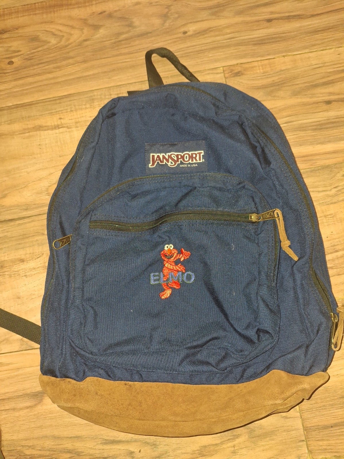Vintage Jansport backpack Leather Bottom. Embroidered Elmo Made In The USA Blue