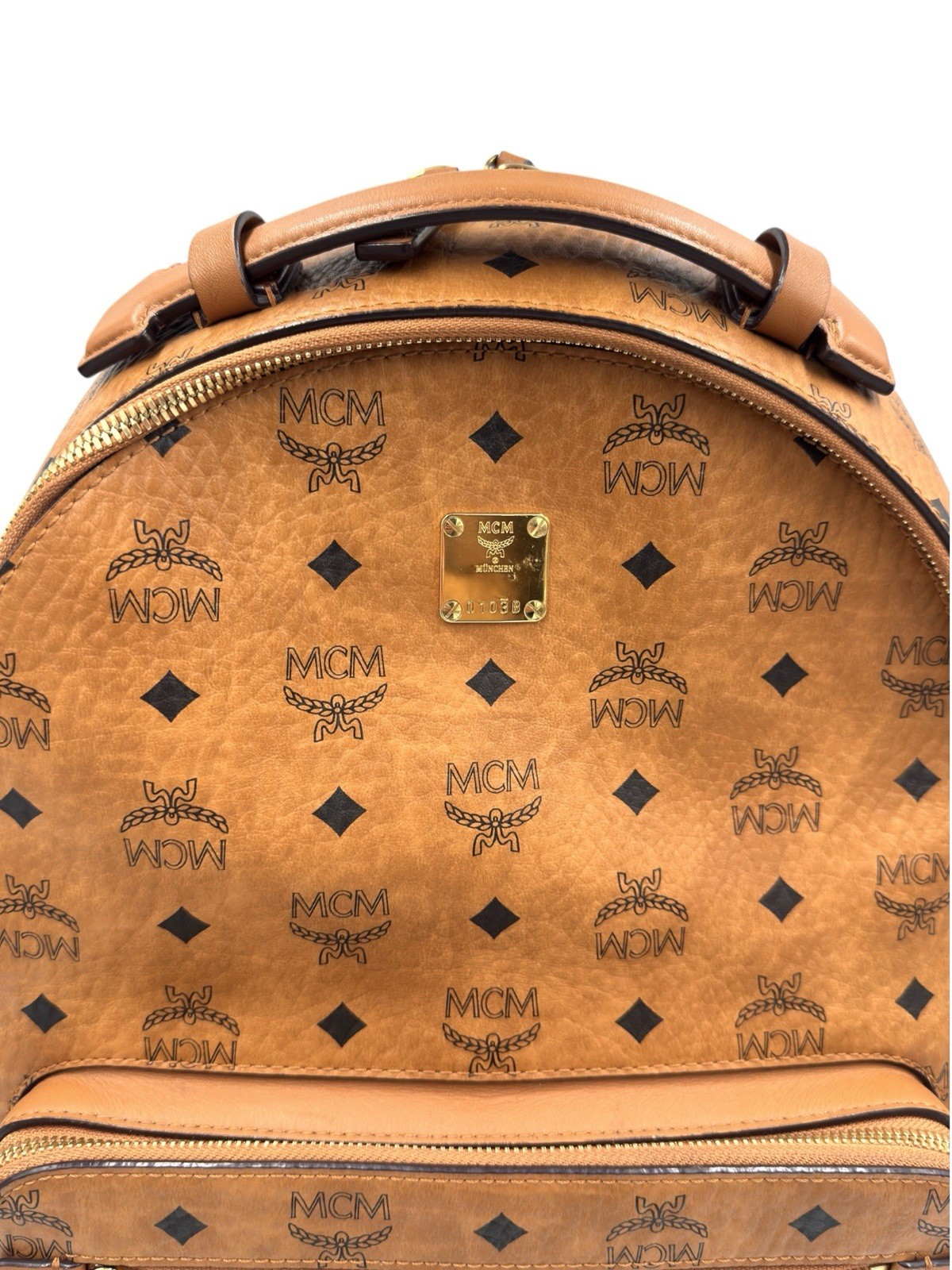 Authentic MCM Stark Visetos Cognac Medium Backpack Gold Hardware Brown