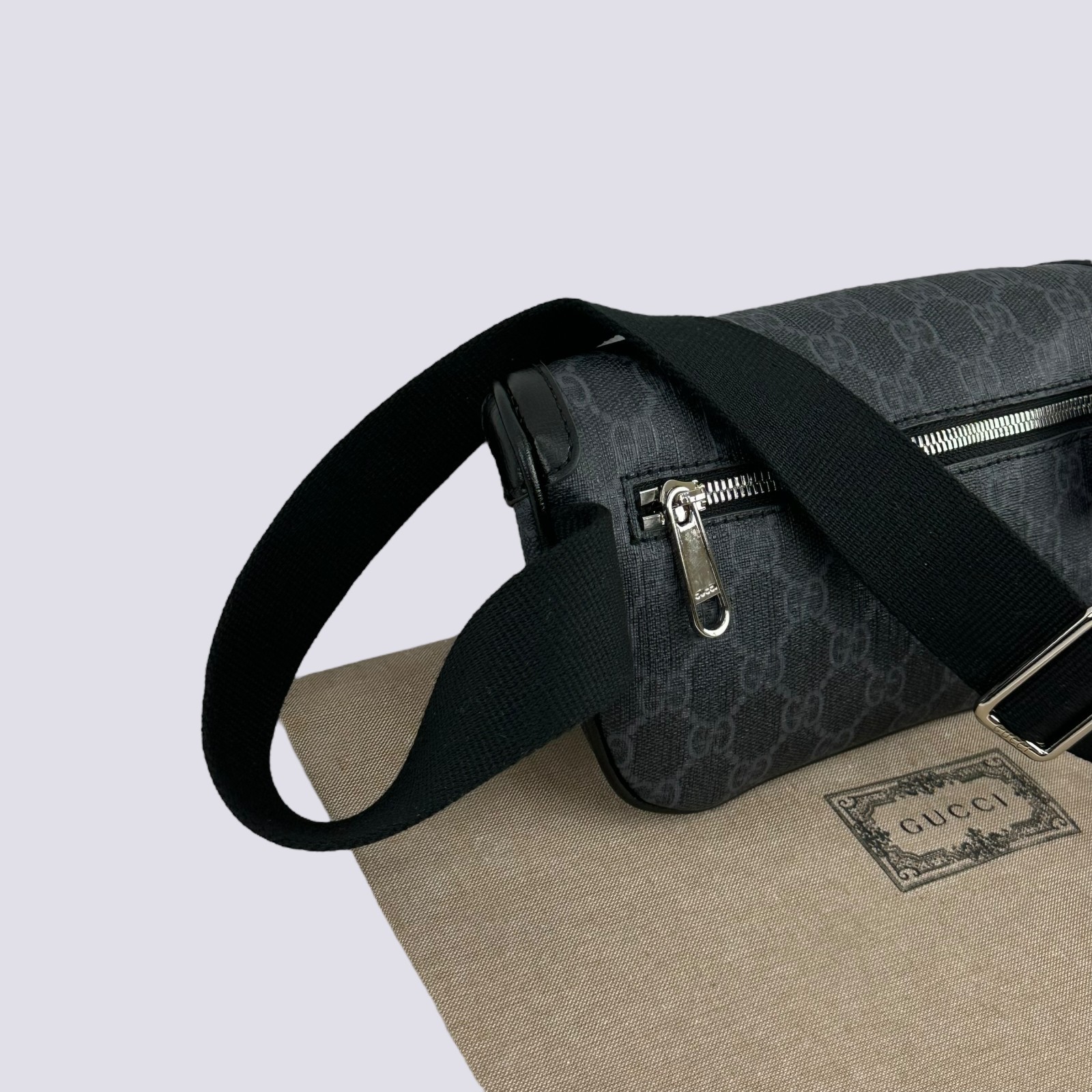 Gucci GG Monogram Logo Interlocking G Canvas Crossbody Belt Bag Black 682933