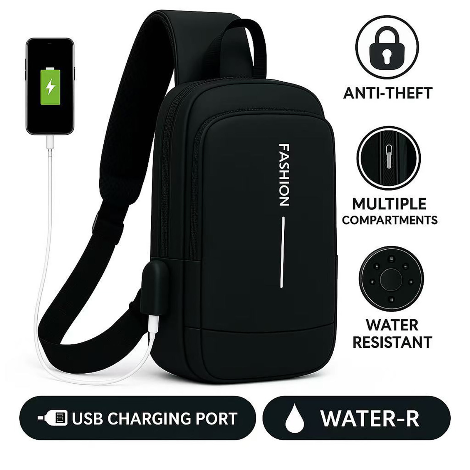 Waterproof USB Sling Bag Men Chest Crossbody Shoulder Bag Travel Casual
