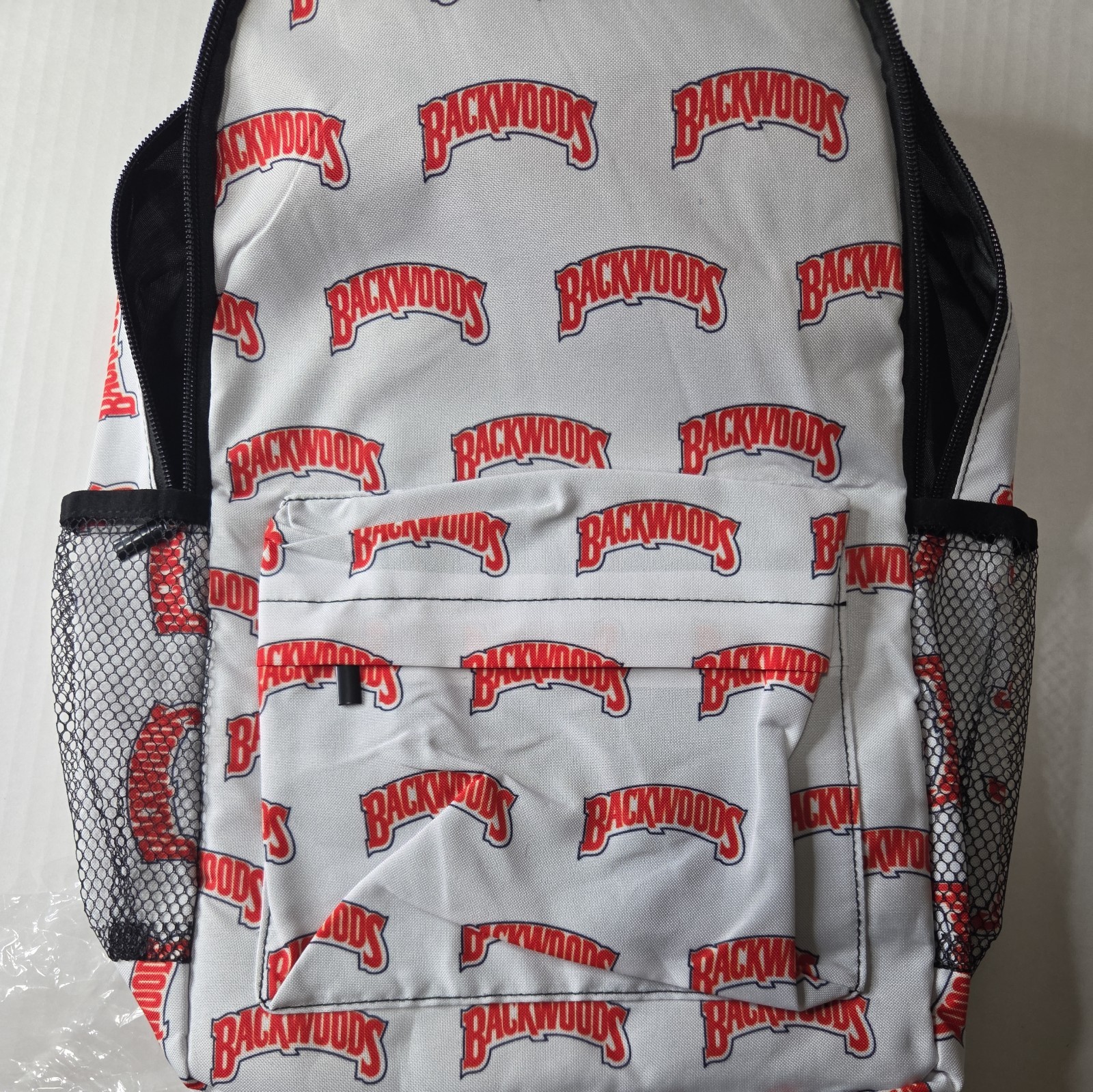 Backwoods Backpack White Backpack Red and Black Lettering Adjustable Straps New