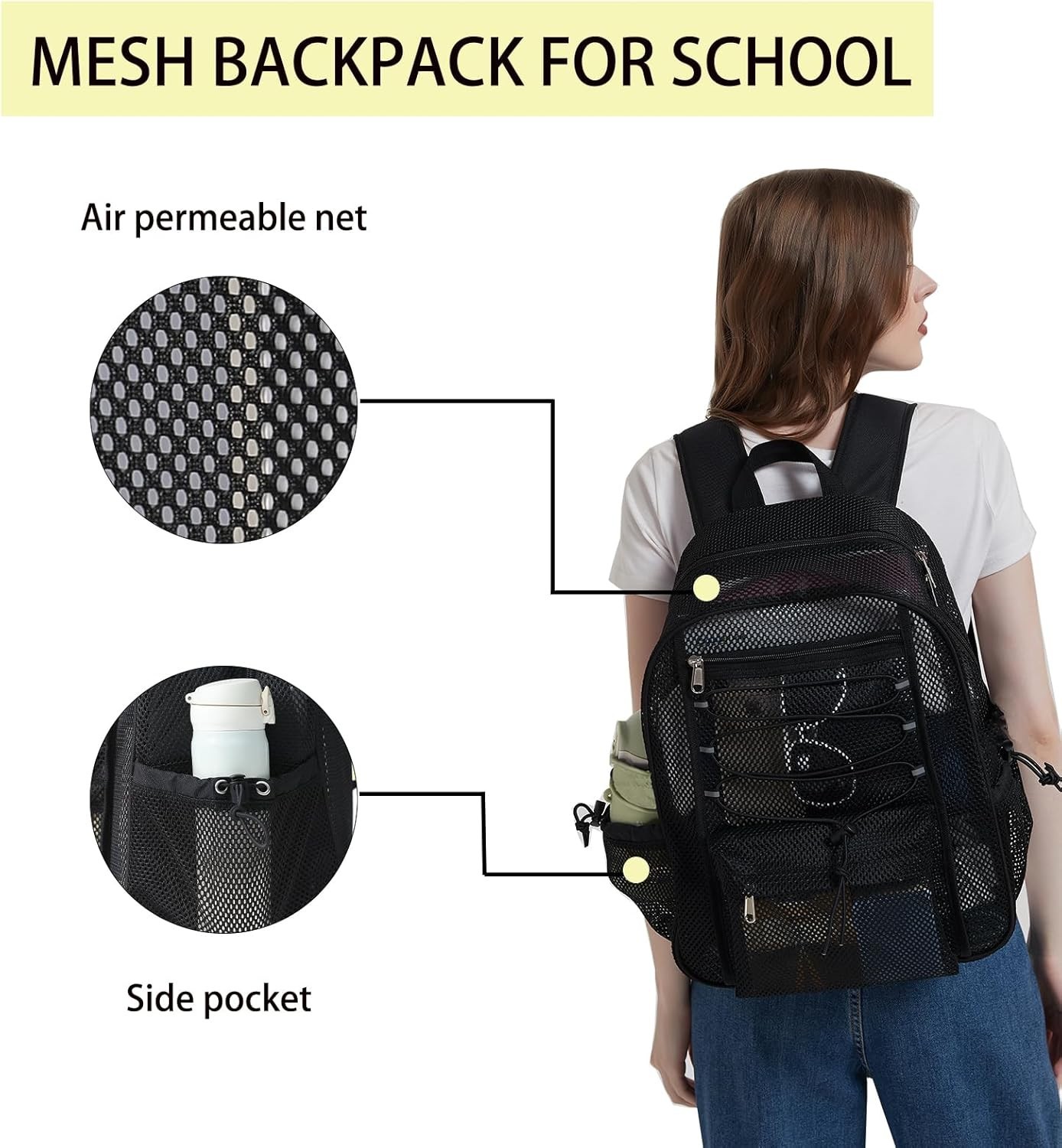 Mesh Backpack Heavy Duty for School, 24L Large Bookbag 24L, Black