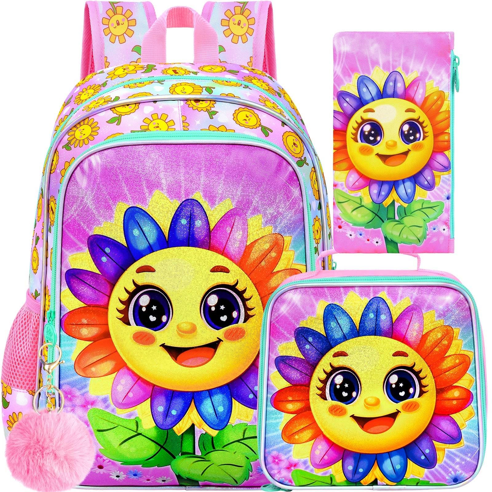 3PCS Kids Smiling Sunflower Bookbag, 16″ Girls Bookbag with Lunch Box, Water …