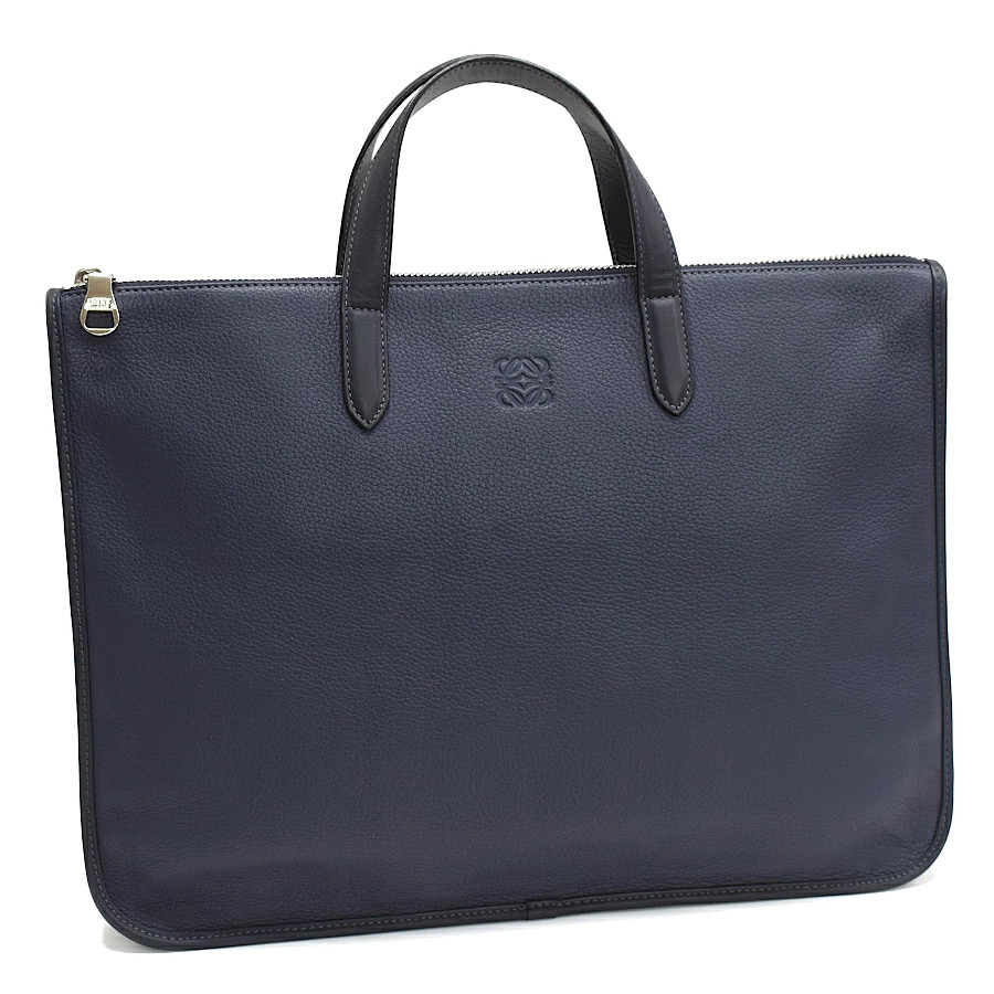 LOEWE TOLEDO Briefcase Business Bag Leather Anagram Navy Silver Hardware