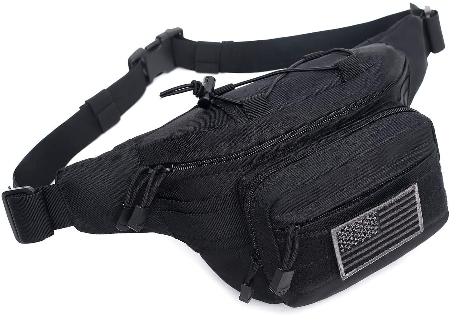 Stealth Black USA Tactical Fanny Pack Military Waist Bag Pack EDC with USA Flag