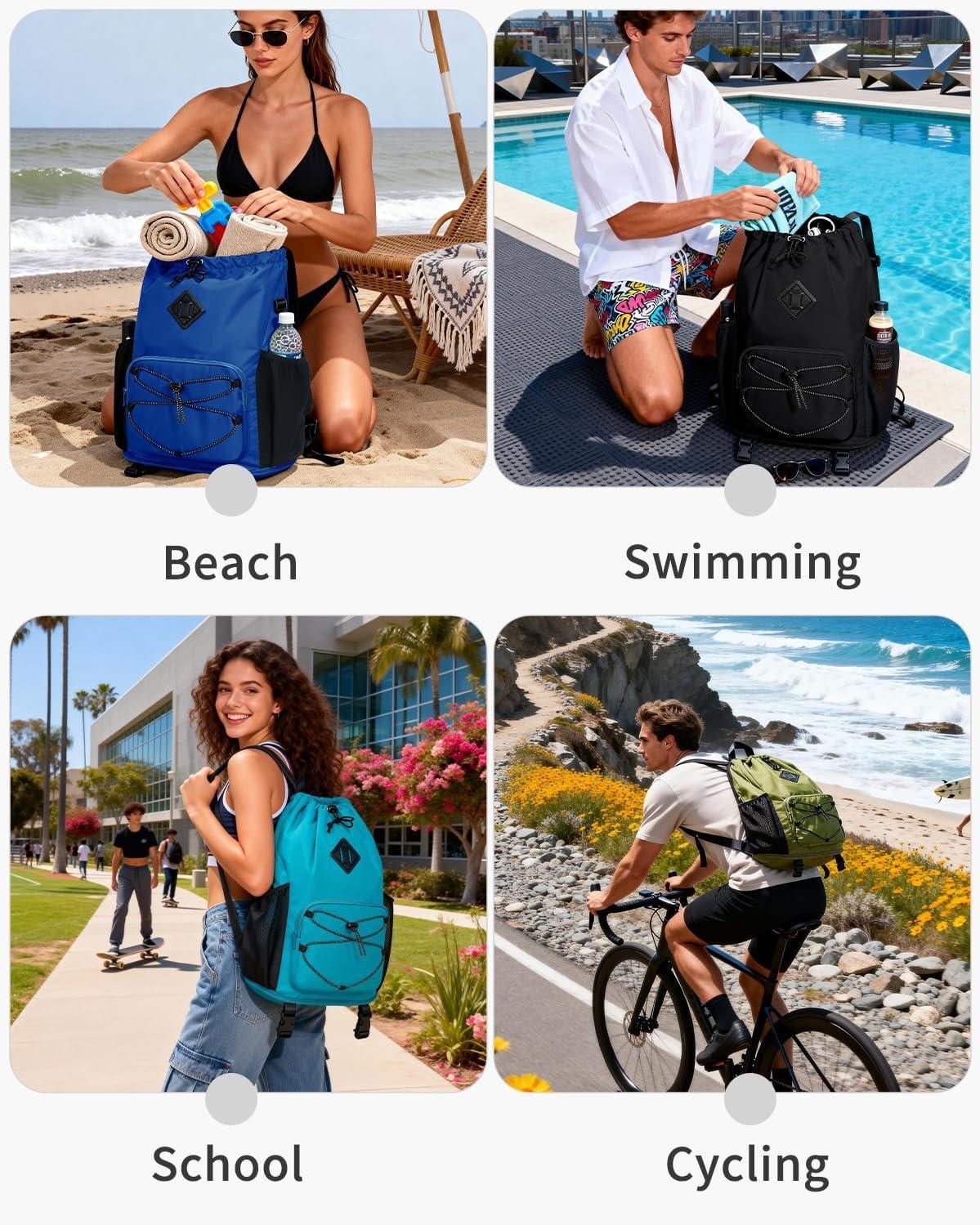 Drawstring Backpack with Removable Wet Pocket, Sandproof Beach Backpack