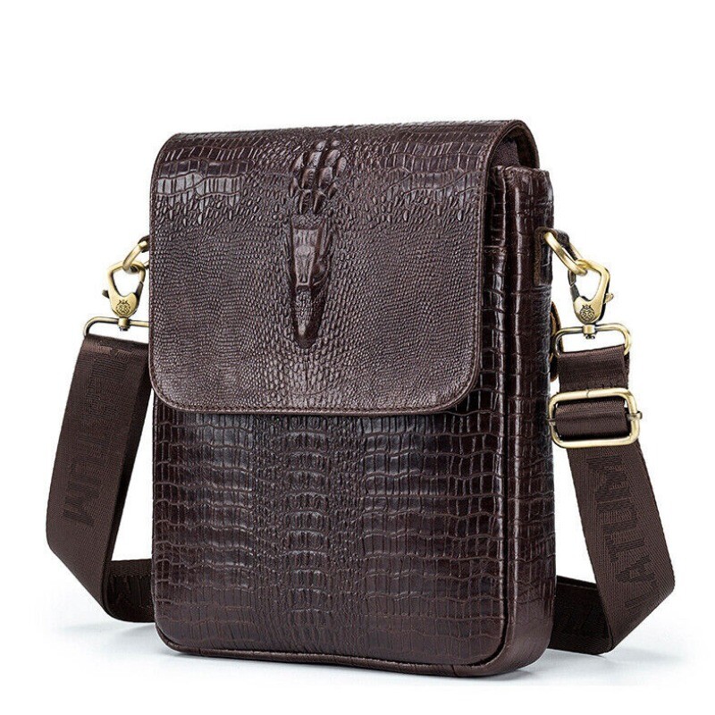 Top Cowhide Leather Men’s Crocodile Pattern Crossbody Shoulder Bag Messenger Bag