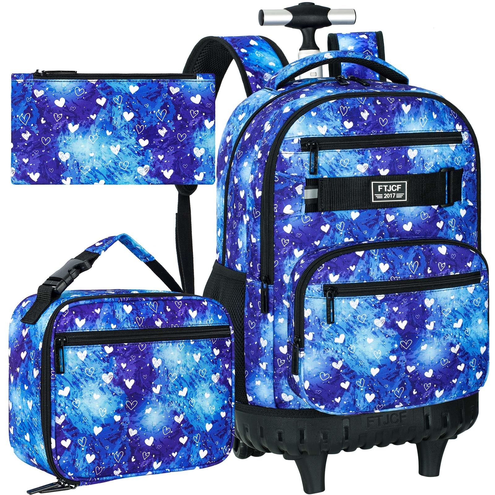 Rolling Backpack 19″ X 13″ X 8″ for Girls – 3-in-1 with Lunch Box & Pencil Bag